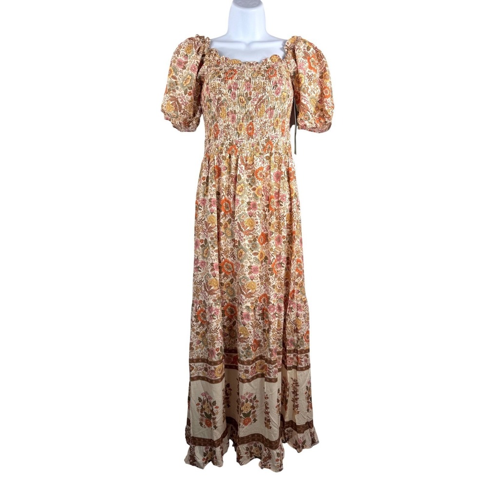 Kindred Floral Maxi Dress Smocked Puff Sleeve‎ cottage core milk maid sz PL